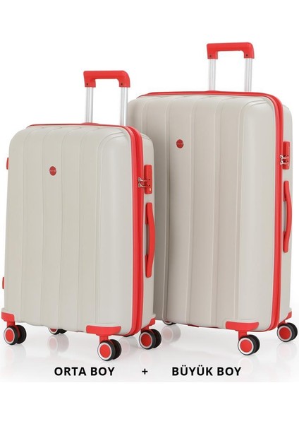 Bavul Büyük ve Orta 2li Set Kırılmaz Silikon Valiz V305 Kemik/mercan