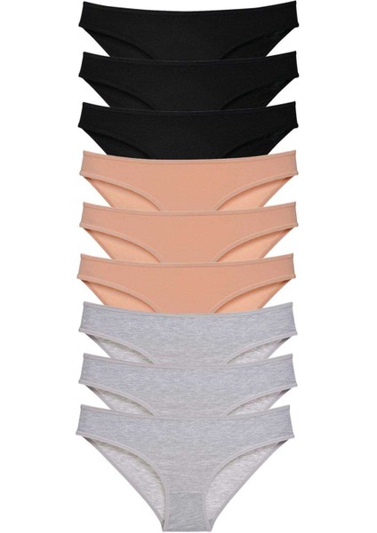 9 Adet Süper Eko Set Likralı Kadın Slip Külot Siyah Ten Gri