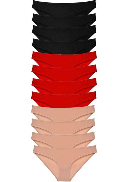 12 Adet Süper Eko Set Likralı Kadın Slip Külot Siyah Kırmızı Ten