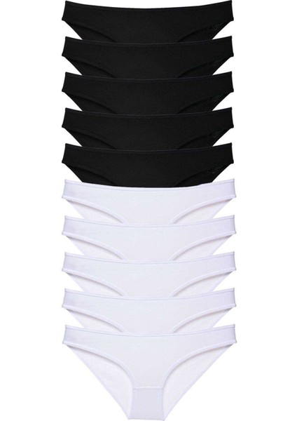 10 Adet Eko Set Likralı Kadın Slip Külot Siyah Beyaz