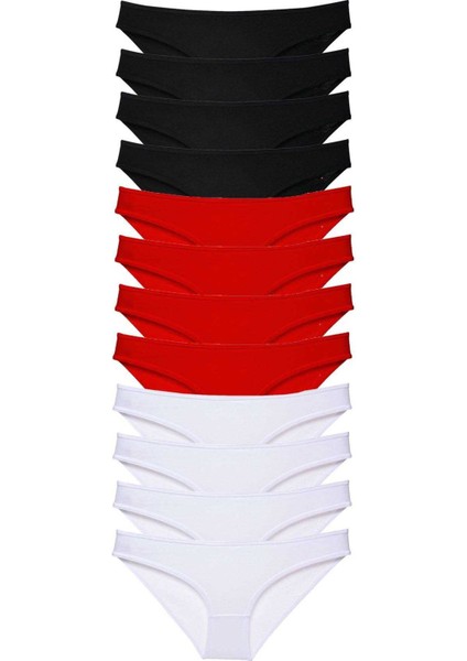 12 Adet Süper Eko Set Likralı Kadın Slip Külot Siyah Kırmızı Beyaz