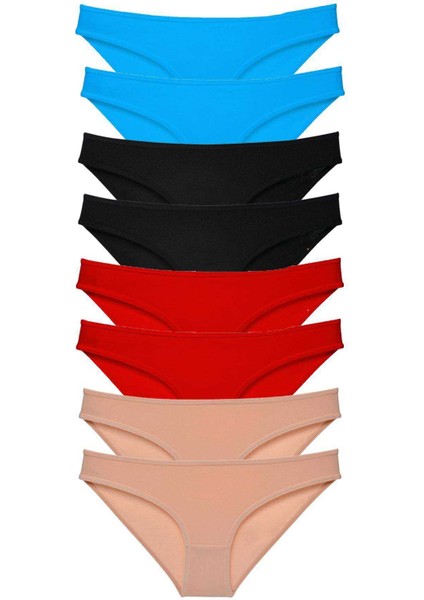 8 Adet Süper Eko Set Likralı Kadın Slip Külot Siyah Kırmızı Ten Mavi