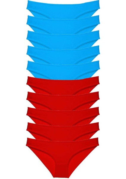 10 Adet Süper Eko Set Likralı Kadın Slip Külot Kırmızı Mavi