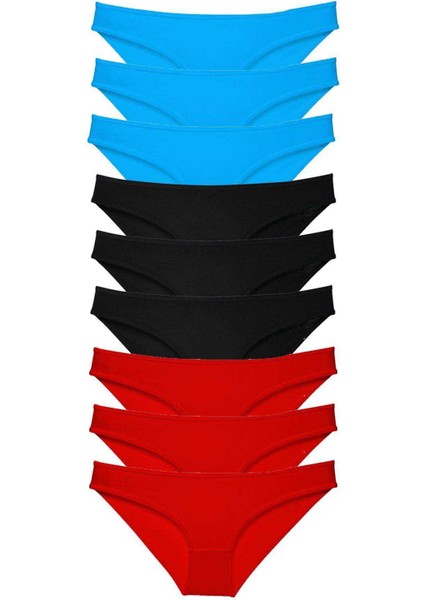9 Adet Süper Eko Set Likralı Kadın Slip Külot Siyah Kırmızı Mavi