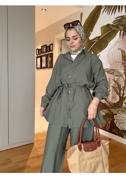 Çilek Keten Gömlekli Yazlık Takım – Cepli Pantolonlu Rahat Şıklık (36-48 Beden) Yeşil