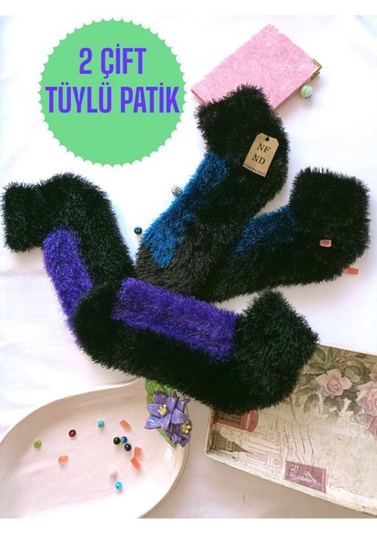 2 Çift Tüylü Kışlık Termal Patik Dikişsiz Çorap Mor Lacivert Erkek Kadın Ev-Parti Çorabı 36-41
