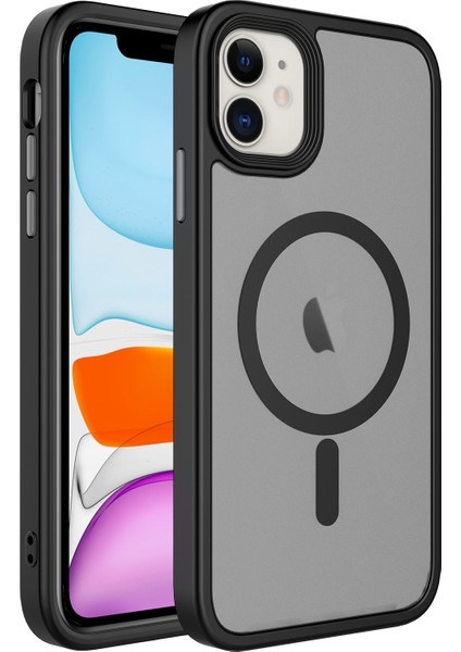 iPhone 11 Uyumlu Mat Arka Yüzey Wireless Şarj Özellikli Hgea Flet Magsafe Kapak-Siyah
