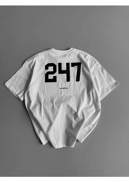 Baskılı Oversize Bisiklet Yaka T-Shirt - Beyaz