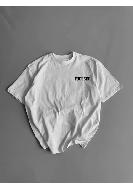 Baskılı Oversize Bisiklet Yaka T-Shirt - Beyaz