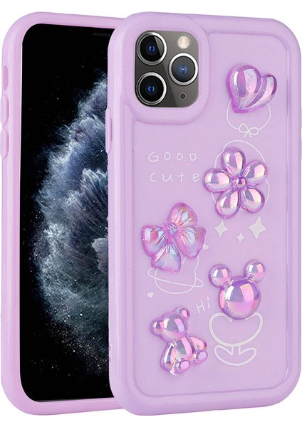 iPhone 11 Pro Max Uyumlu Kabartma Figürlü Parlak Hgea Toys Silikon Kapak-Pembe