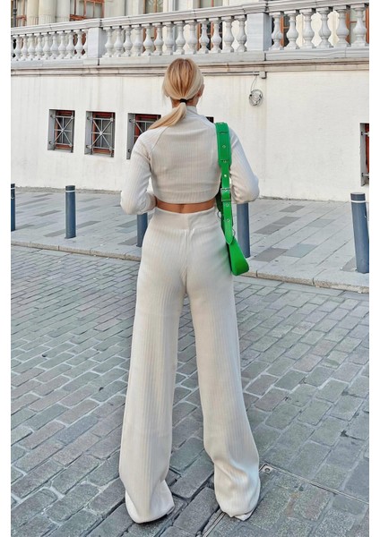 Yarım Balıkçı Örgü Crop Kazak Pantolon Triko Alt-Üst Takım