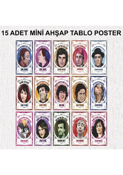 Yeşilçam Türk Sineması Filmler Oyuncu Sanatçı Replikleri Dekorasyon Tablo 15LI Mini Ahşap Poster Set
