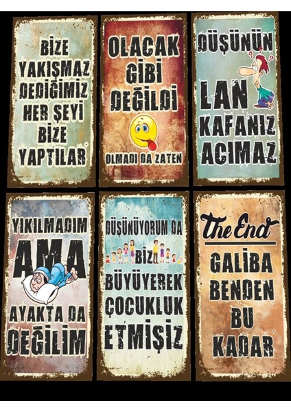 Komik Duvar Yazılar 6lı Mini Retro Ahşap Poster Seti
