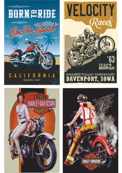 Klasik Motosiklet Poster Seti. Route 66 ve Pin Up Kızlarıyla. 24 Adet Mini Retro Ahşap Poster