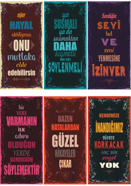 Motivasyon Eğlenceli Öğretici Duvar Yazıları-1- 6lı Mini Retro Ahşap Poster Seti