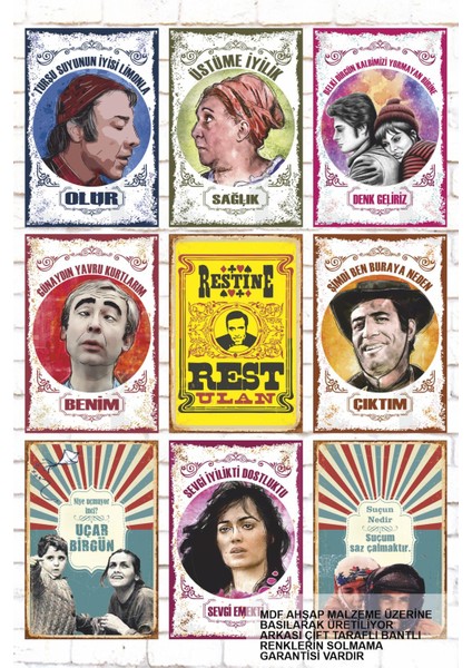 9 Parça Karışık Yazılı Ahşap Tablo Seti Yeşilçam Türk Sineması Filmleri Ustaları Posterleri