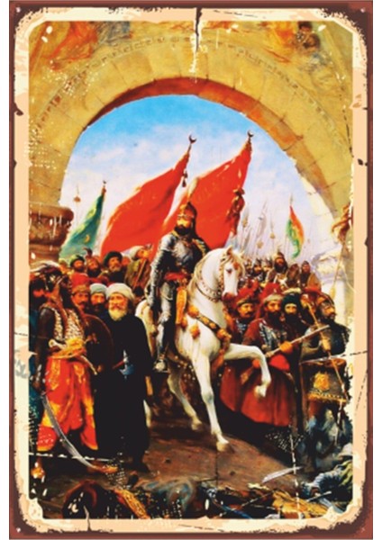 Istanbulun Fethi Tablosu Fatih Sultan Mehmet Retro Ahşap Poster