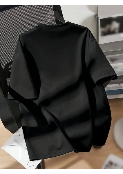 Baskılı Oversize Bisiklet Yaka T-Shirt - Siyah