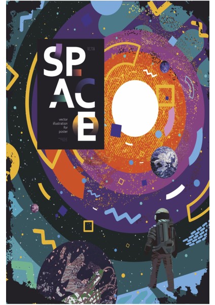 Uzay Güneş Sistemi Astronot Retro Ahşap Poster