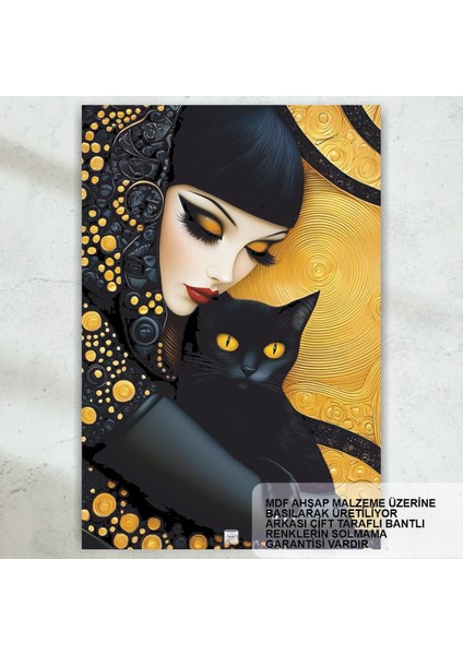 Siyah Kara Kedi ve Genç Kadın Yağlıboya Ev Dekorasyon Tablo Retro Ahşap Poster