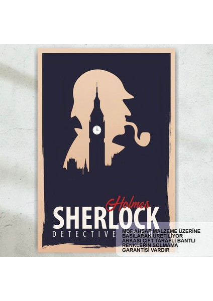 Sherlock Holmes Polisiye Dedektif Roman Kahramanı Londra Saat Kulesi Retro Ahşap Poster Tablo