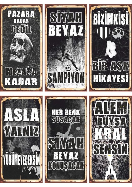Siyah Beyaz Futbol Takım 6lı Mini Retro Ahşap Poster Seti