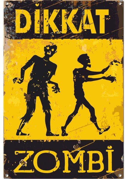 Dikkat Zombi Uyarı Levhası Retro Ahşap Poster
