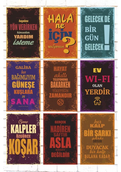 9 Parça Karışık Yazılı Ahşap Tablo Seti Motivasyon Cesaret Verici Sözler