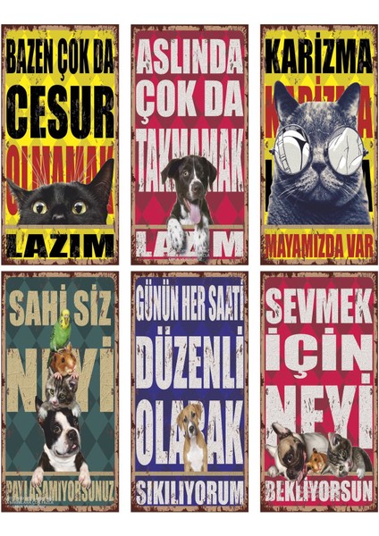 Cesaret Verici Sevgi Aşk Motivasyon Sözleri Komik Sözler Hayvanlar 6lı Mini Retro Ahşap Poster Set