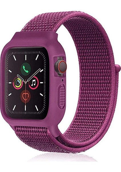 Apple Watch 38MM Hasırlı Cırtcırtlı Kasalı Kordon - Fuşya Bstmy