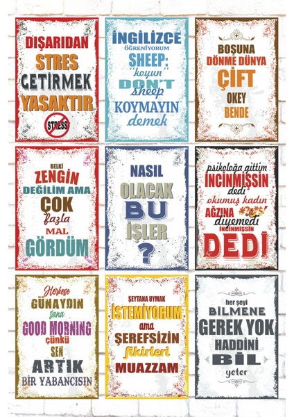 9 Parça Karışık Yazılı Ahşap Tablo Seti Renkli Komik Esprili Atarlı Sözler Duvar Yazıları