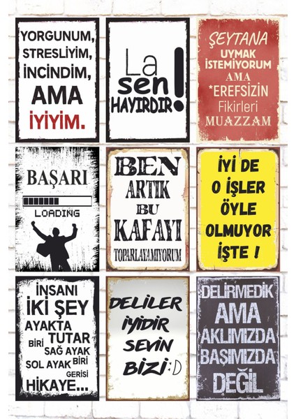9 Parça Karışık Yazılı Ahşap Tablo Seti Esprili Komik Sözler Duvar Yazıları