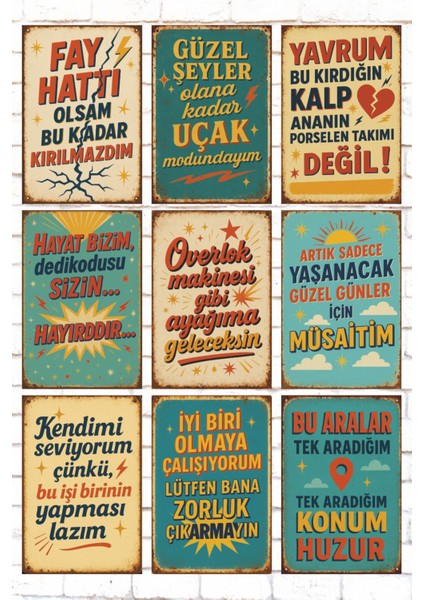 9 Parça Komik Esprili Sözler Duvar Yazıları Retro Ahşap Poster Tablo Seti