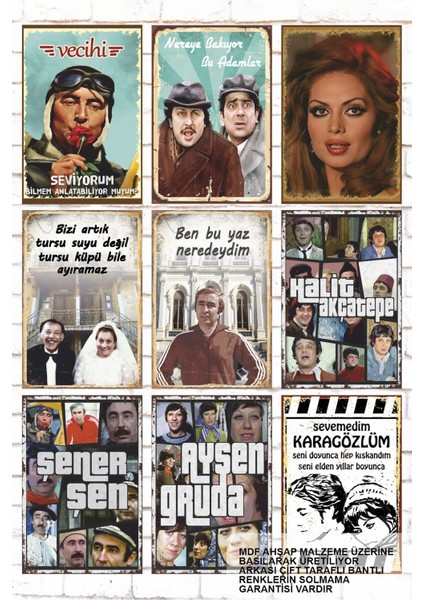 9 Parça Karışık Yazılı Ahşap Tablo Seti Türk Sineması Yeşilçamın Unutulmaz Oyuncuları Filmleri