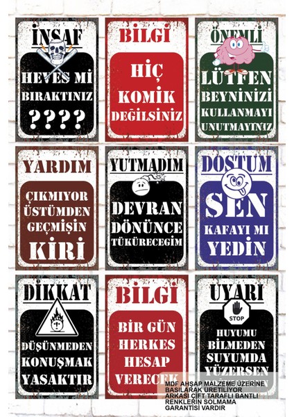 9 Parça Karışık Yazılı Ahşap Tablo Seti Komik Asabi Sinirli Atarlı Duvar Yazıları Sözleri Posterleri