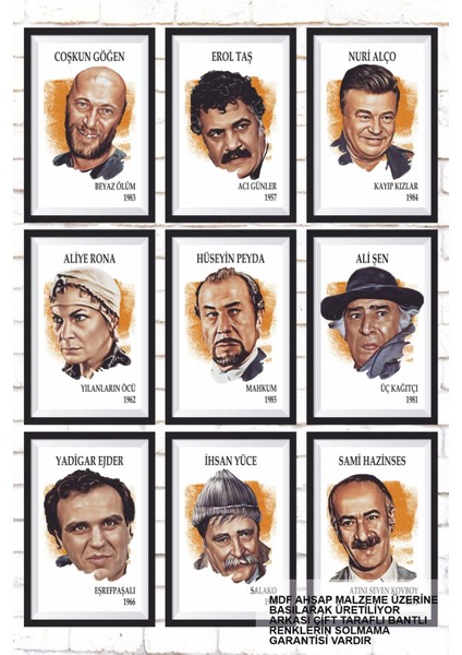 9 Parça Karışık Yazılı Ahşap Tablo Seti Yeşilçam Türk Sinemasının Kötüleri Erol Taş Tecavüzcü Coşkun