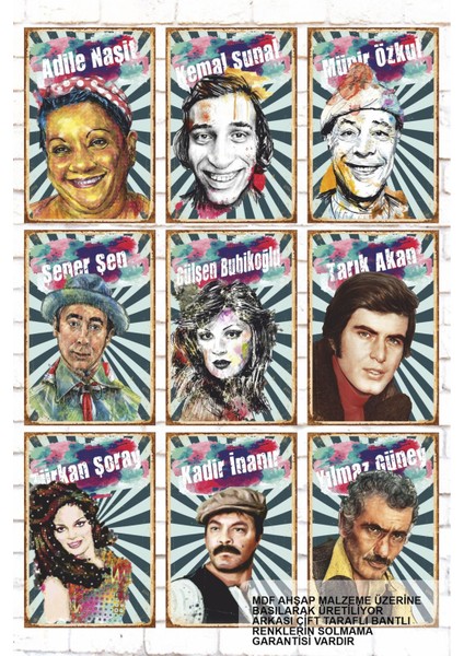 9 Parça Karışık Yazılı Ahşap Tablo Seti Yeşilçam Türk Sineması Portreler Retro Ahşap Poster Seti