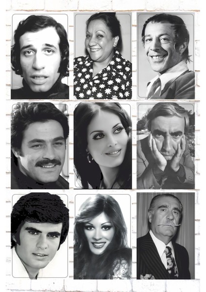 Yeşilçam Türk Sineması Oyuncuları Siyah Beyaz 9 Parça Karışık Ahşap Tablo Poster Seti