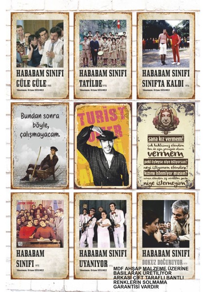 9 Parça Karışık Yazılı Ahşap Tablo Seti Yeşilçam Türk Sinemasının Unutulmaz Filmleri Oyuncuları