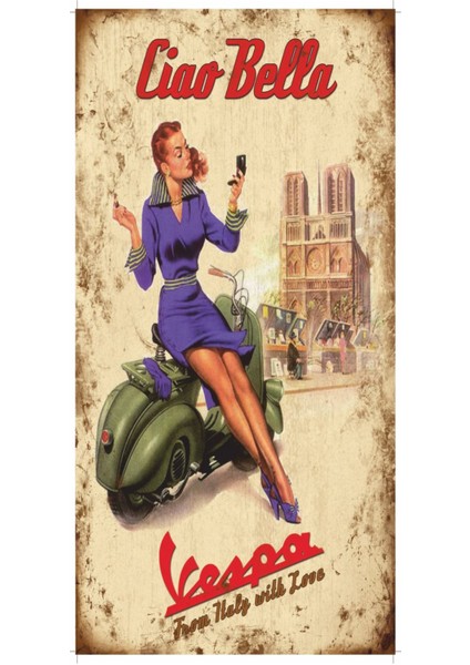 Italya Roma Ciao Bella Vespa Motor Pin Up Kızı Mini Retro Ahşap Poster