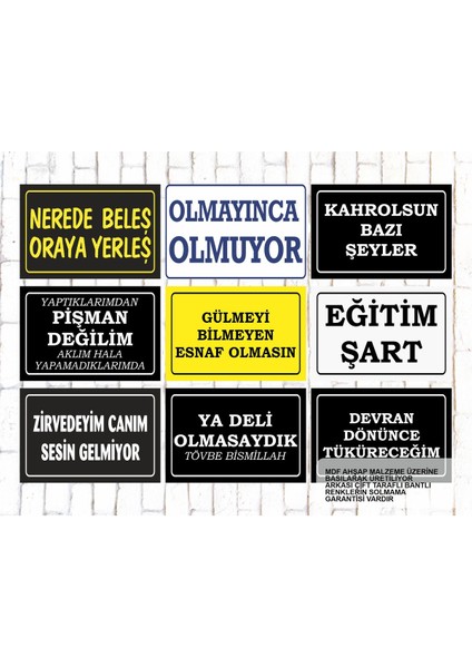 9 Parça Karışık Yazılı Ahşap Tablo Seti Olmayınca Olmuyor Atarlı Komik Sözler Duvar Yazıları Poster