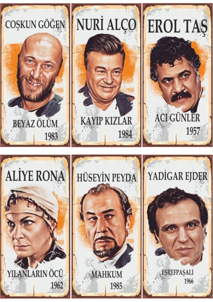 Yeşliçamın Kötüleri Coşkun Erol Taş Nuri Alço Aliye Rona 6lı Mini Retro Ahşap Poster