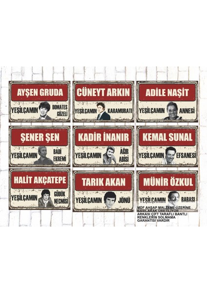 9 Parça Karışık Yazılı Ahşap Tablo Seti Yeşilçam Türk Sineması Oyuncuları Portreleri