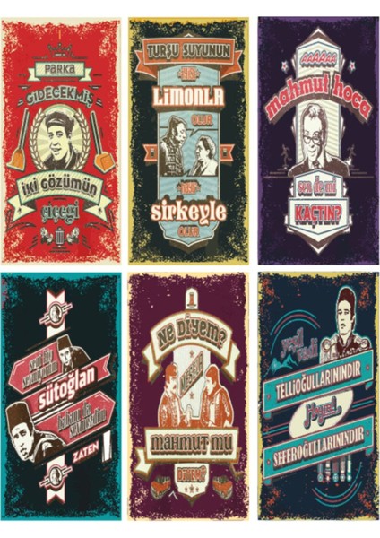 Yeşilçam Türk Sineması Unutulmaz Replikleri 6lı Mini Retro Ahşap Seti Uv Baskılı