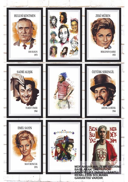 9 Parça Karışık Yazılı Ahşap Tablo Seti Türk Sineması Yeşilçamın Sevilen Oyuncuları Serisi Poster