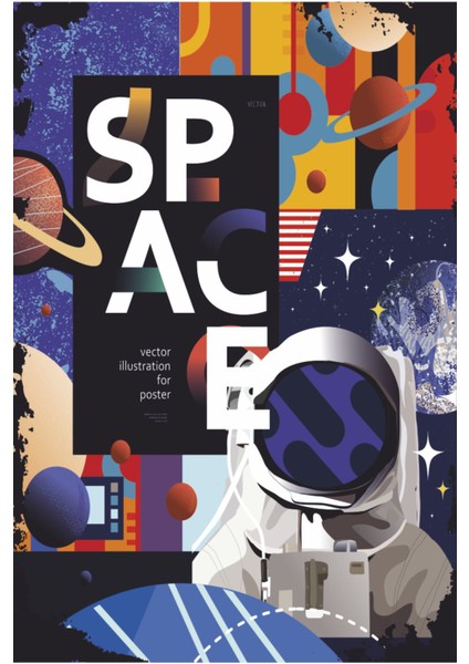 Uzay Astronot Güneş Sistemi Retro Ahşap Poster