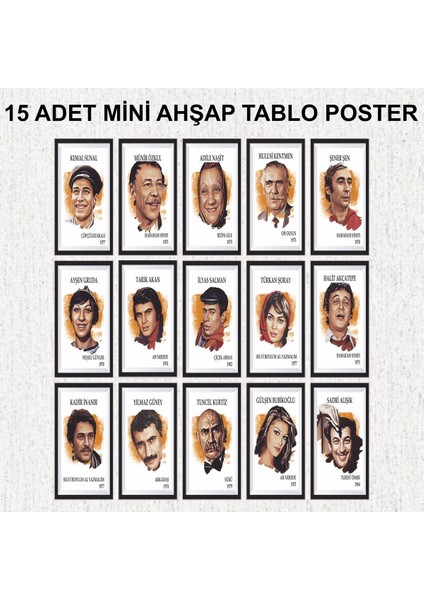 Yeşilçam Türk Sineması Oyuncuları Efsaneleri Çerçeve Görünümlü 15 Adet Retro Ahşap Poster Tablo Seti