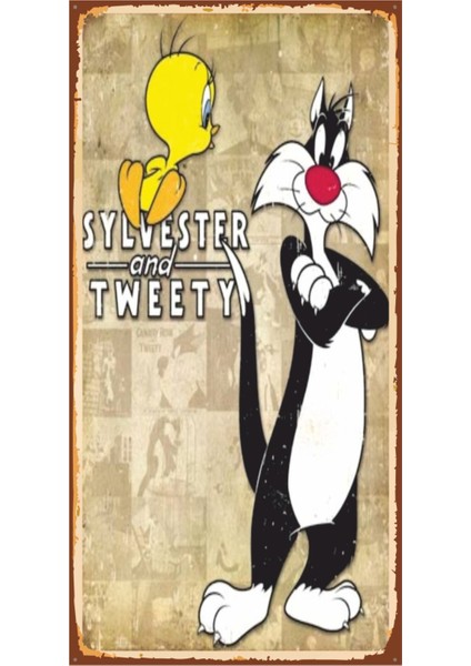 Silvester And Tweety Bir Kedi Gördüm Sanki Çizgifilm Çocuk Odası Mini Retro Ahşap Poster