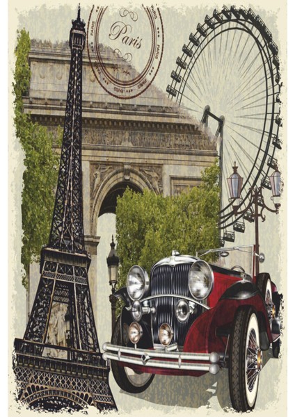 Fransa Paris Eyfel Kulesi Klasik Araba Turistik Gezi Sembol Retro Ahşap Poster