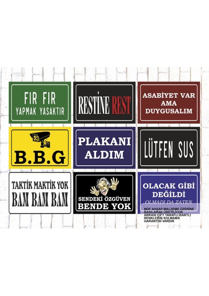 9 Parça Karışık Yazılı Ahşap Tablo Seti Asabi Komik Atarlı Esprili Sözler Duvar Yazıları Posterleri